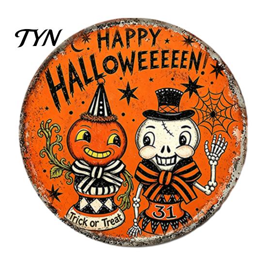 Halloween Home Decoration Retro Wall Sign, Round Metal Decorative Vintage Style Plaque Rustic Art Decor for Living Room Party Signs