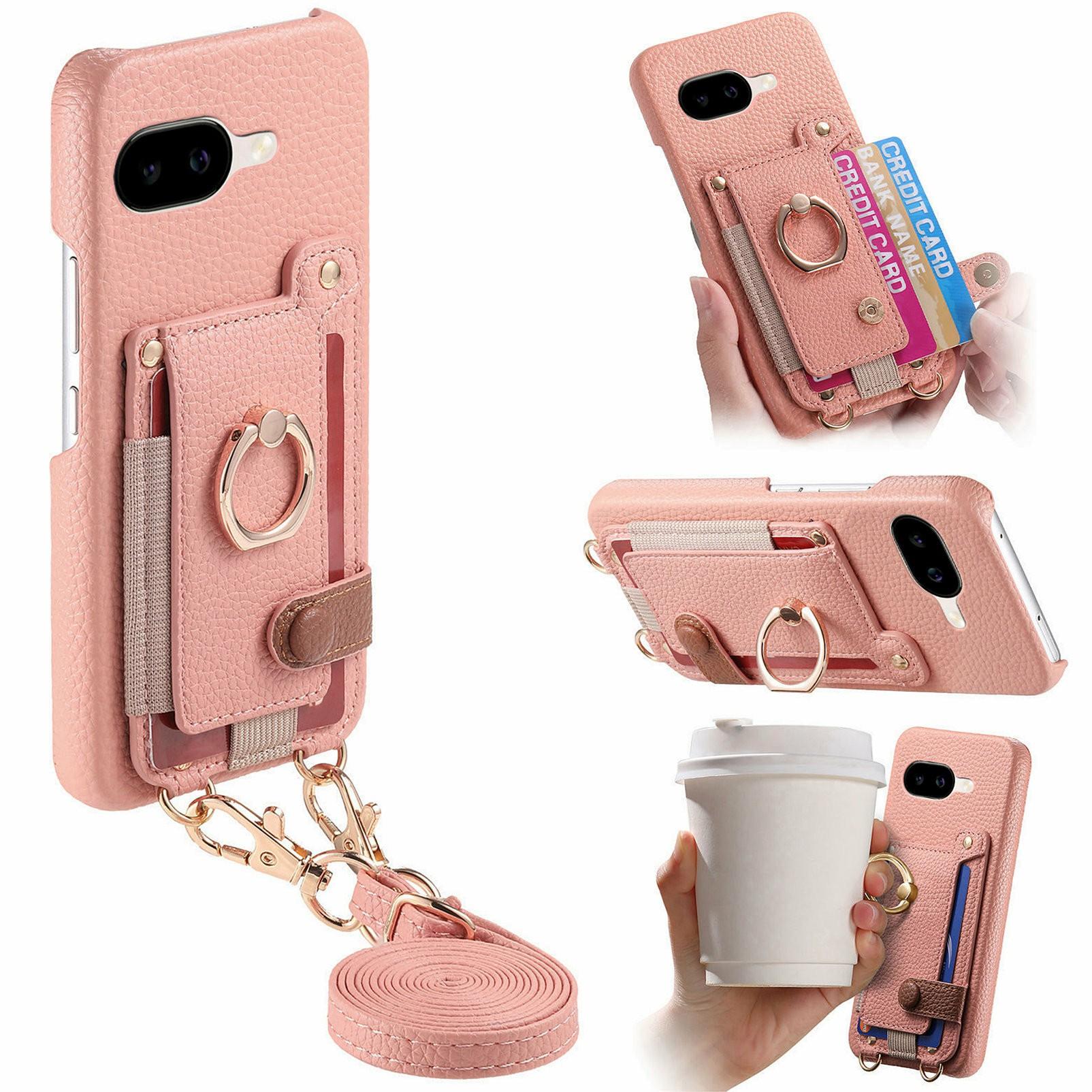 

For Google Pixel 9a Case Card Holder Ring Kickstand Leather + PC Phone Cover with Shoulder Strap