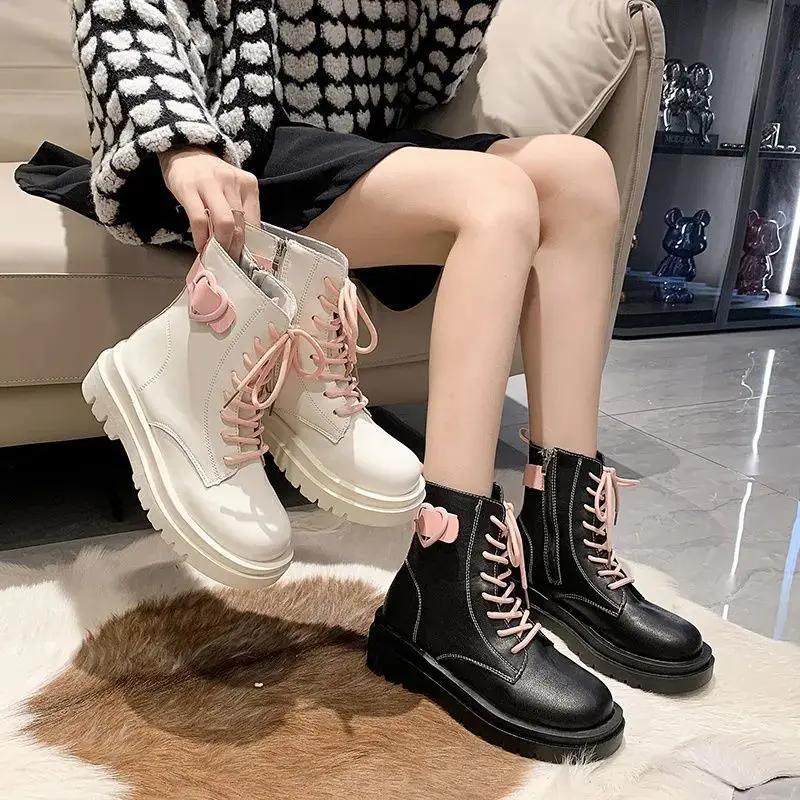 Fashion Ankle Boots for Women Round Toe Platform Cute Chunky Kawaii Booties Pu Comfortable and Elegant Winter 2024 Y2k Woman Short Shoes