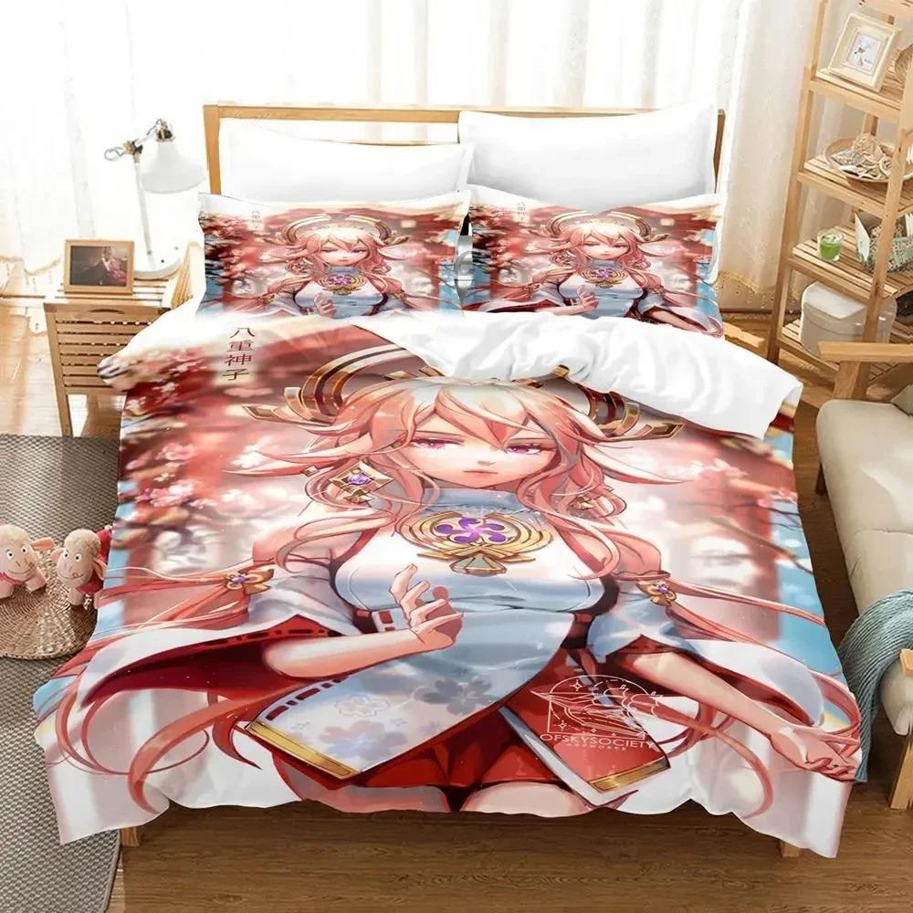 Anime Genshin Impact Yae Miko Game Bedding Set Duvet Cover Bed Set Quilt Cover Pillowcase Comforter King Queen Size Boys Adult