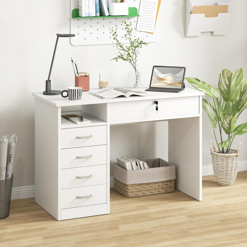 Bureau voor Slaapkamer of Kantoor in Hout met 2 Lades en 2 Sleutels, 110x50x76cm - Wit