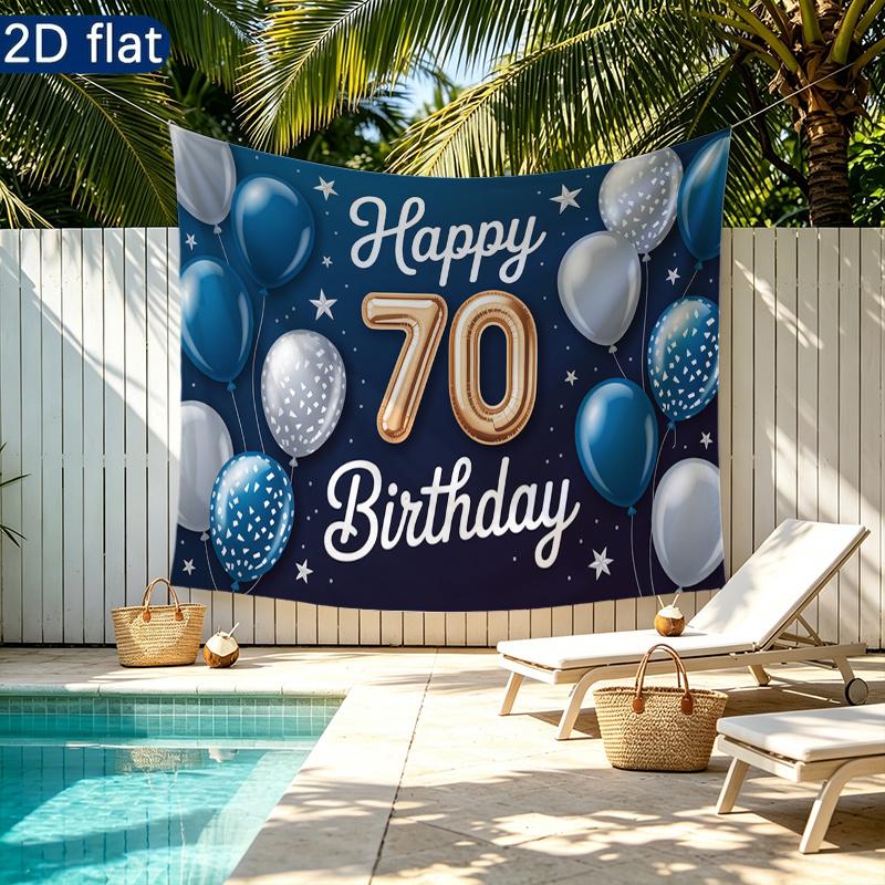 Blue 70th Balloon Birthday Backdrop 1pc - Polyester Banner