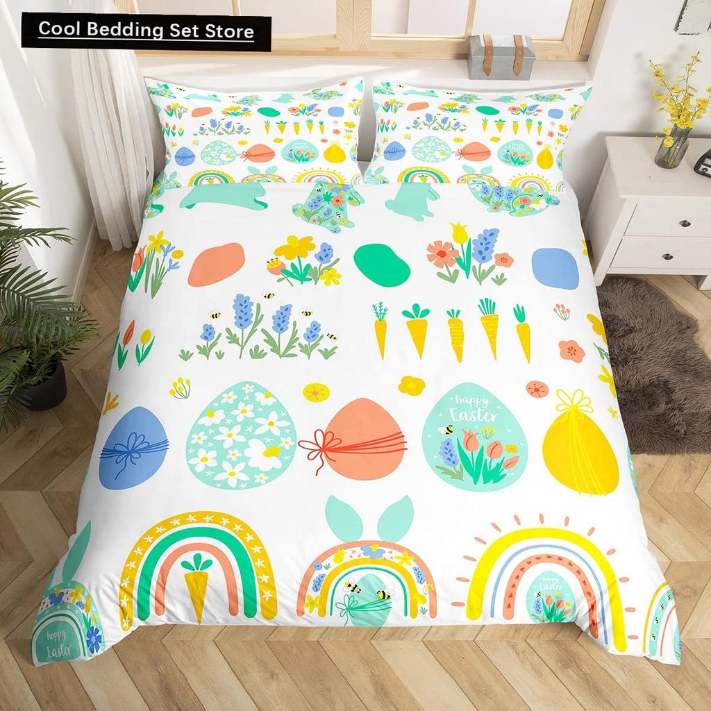 Watercolor Easter Eggs King Queen Bedding Set Happy Easter Themed Duvet Cover Toddlers Rainbow Easter Egg Polyester Quilt Cover