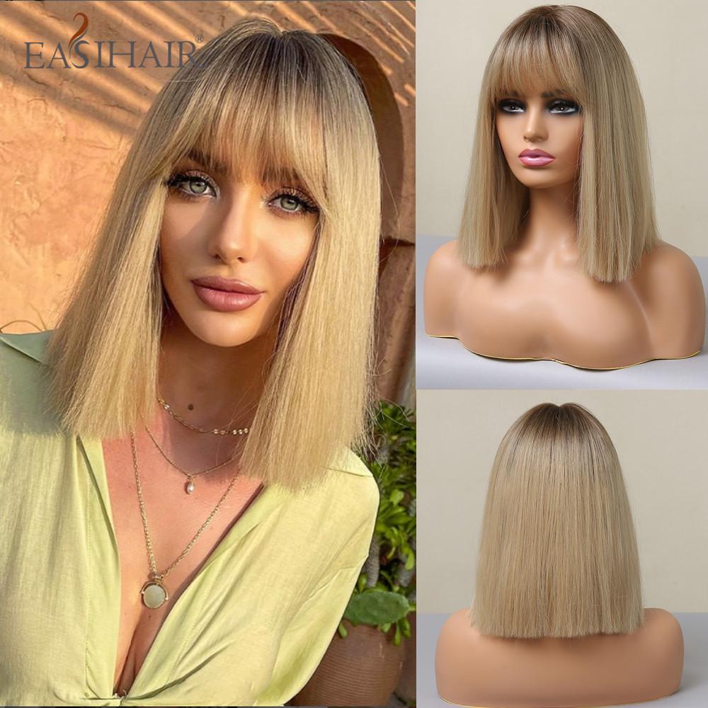 EASIHAIR Synthetic Bob Wigs with Bang Short Straight Light Blonde Beige Natural Hair Wigs for Women Daily Cosplay Heat Resistant