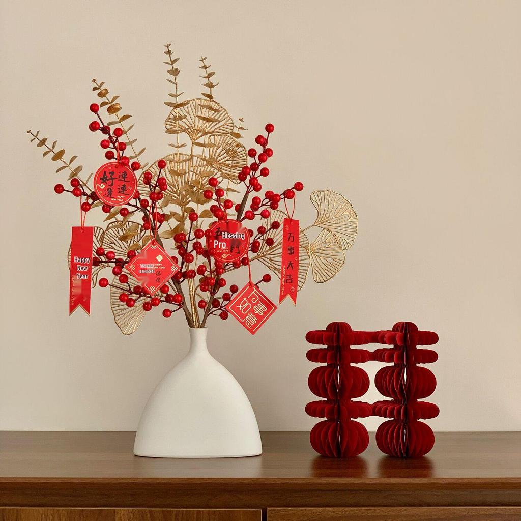 Chinese 'Fu' Character Ornament with Red Simulated Flowers – New Year Home Decoration for Living Room and Entrance Hall, Elegant Atmosphere Enhancer.