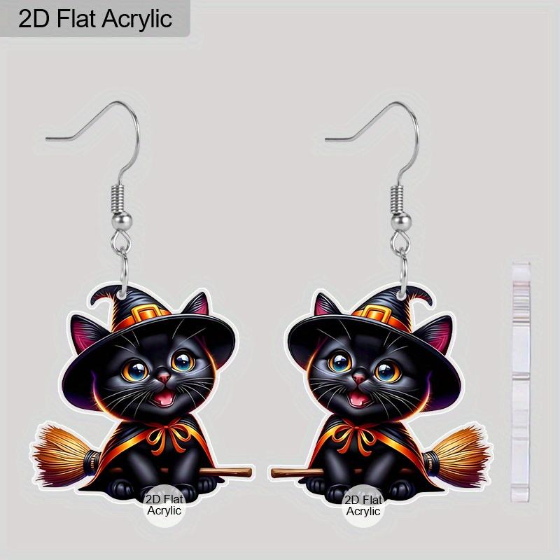 [JIT]2D Flat Acrylic Halloween Witch Broom Black Cat Dangle Earrings Women's Halloween Witch Hat Accessories Charms Jewelry Gifts