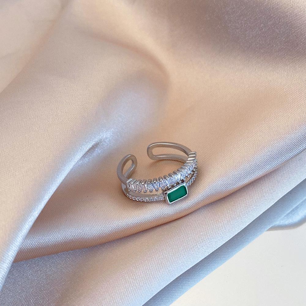 Peacock Green Double Layer Diamond Open Ring for Women in Gold-Plated Copper