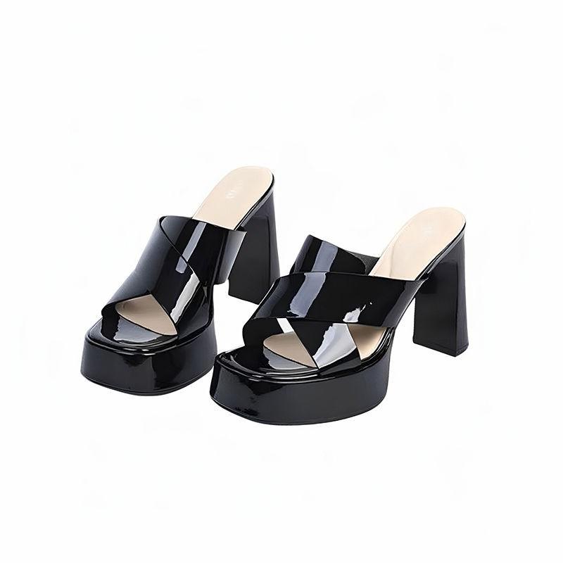 Waterproof Taiwanese Square Heel Slippers Women's Square Toe Open Toe Cross Strap Anti-Slip Wear-Resistant High Heels