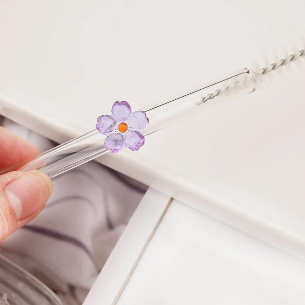 6PCS Reusable Drinking Straws Cute Flower Glass Straws with Cleaning Brush for Coffee Lover Smoothies Frozen Drinks Tea Juice