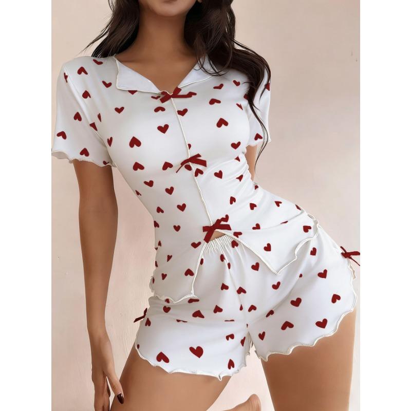 Women Heart Print Turn Down Collar Short Sleeve Shorts Pajama Loungewear Set