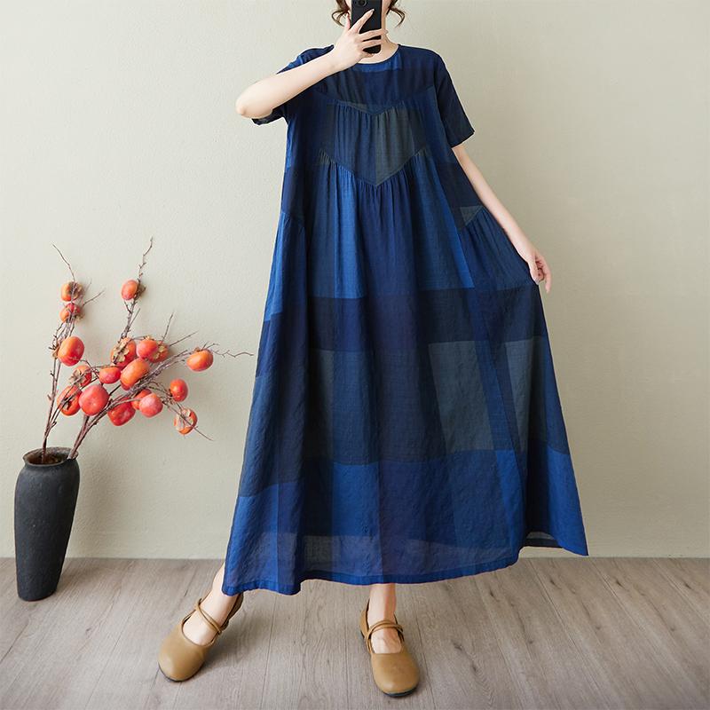 DIMANAF 2025 Summer Women Vintage Linen Plus Size Long Dress Short Sleeve Casual O-Neck Basic Loose Dress