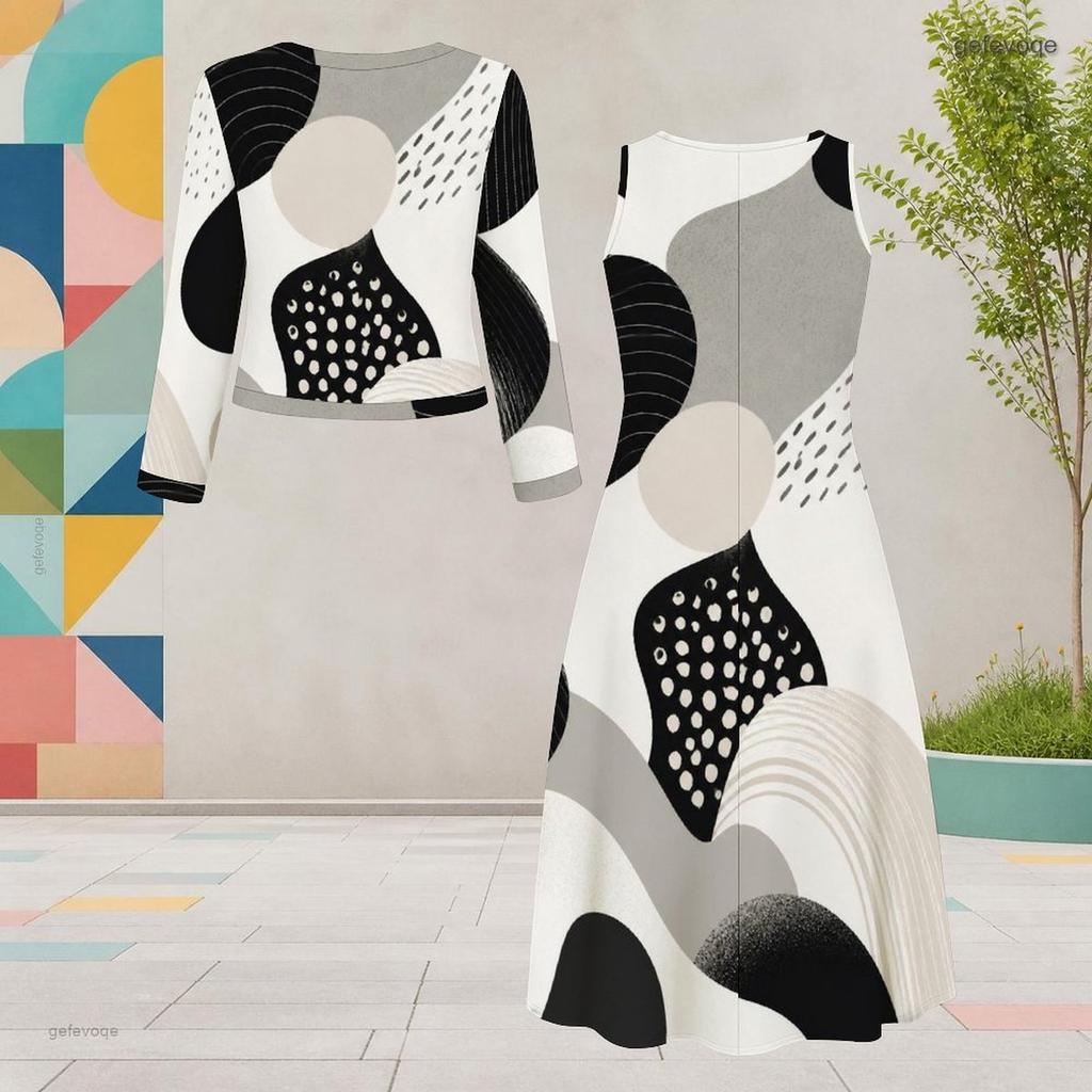 Women Plus Size Two Piece Dress Set Round Neck Long Sleeve Cardigan Sleeveless Dress Black White Floral Printed
