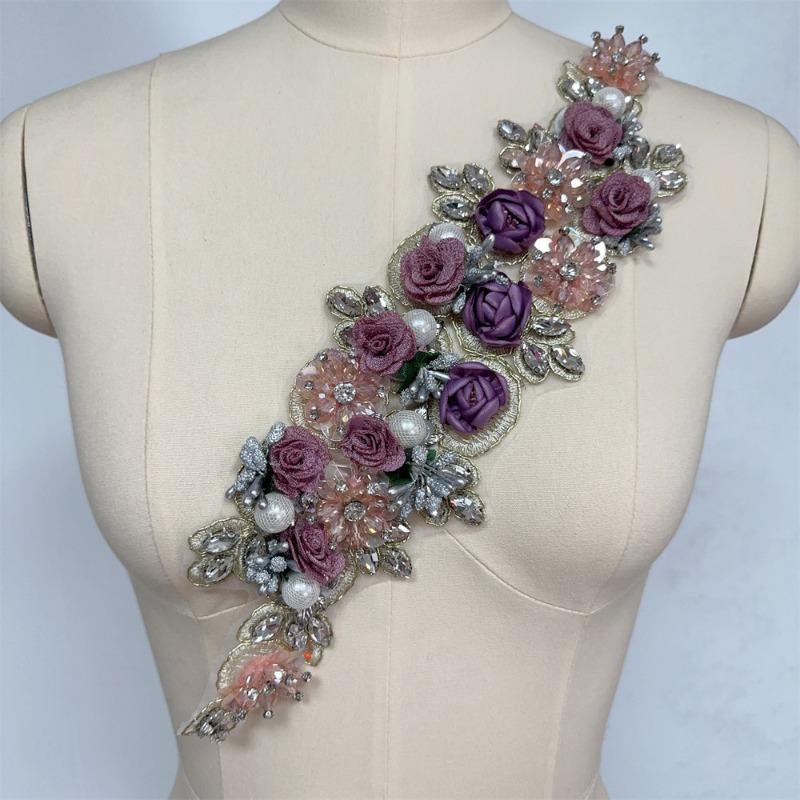 Big Rhinestone 3D Flower Sewing Fabric Applique Embroidery Rhinestone Flower Patch for Wedding Dress Decoration