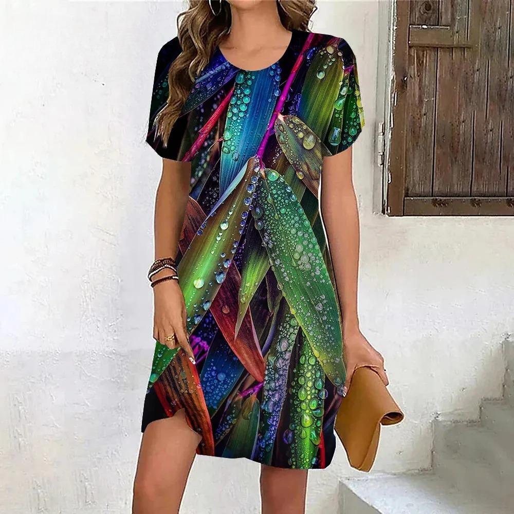 Mode Oversize Kleidung Tie Dye Blätter 3D Druck Damenkleid Sommer Lässig Kurzarm O-Ausschnitt Locker taschenlos Kleider