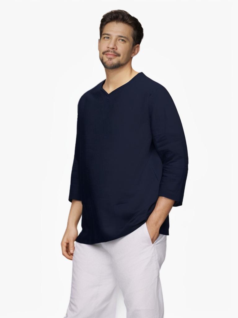 Men's V-Neck Long-Sleeve Cotton Linen Shirt - Anti-Theft Policy Applied