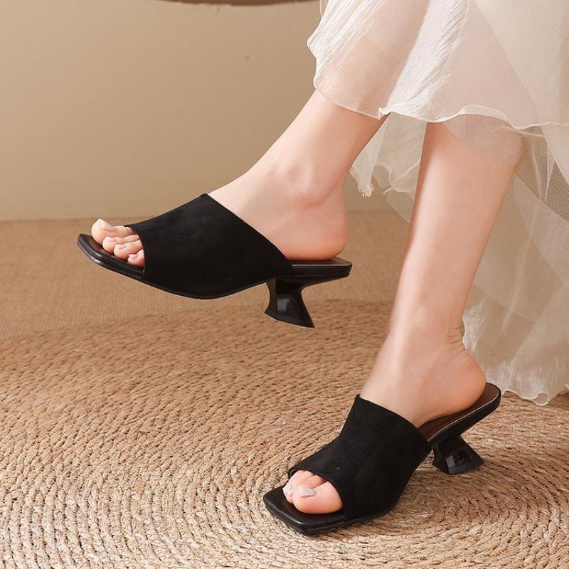 Summer Women Slippers Cow Suede Leather Shoes for Women Square Toe Strange Heel Shoes Black Sandals Concise Modern Slippers