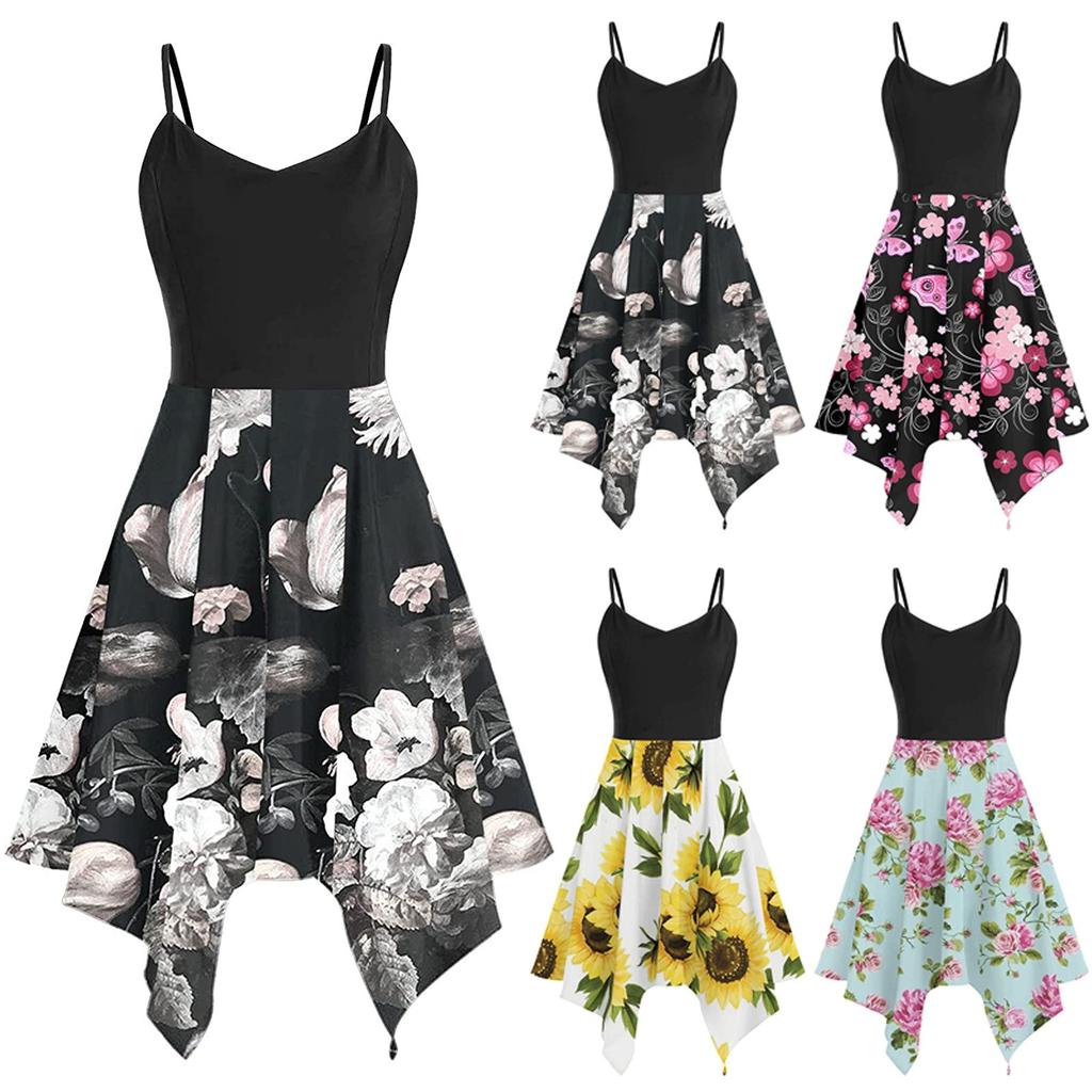 Summer Print  Straps Collision Color Splicing Irregular Dresses