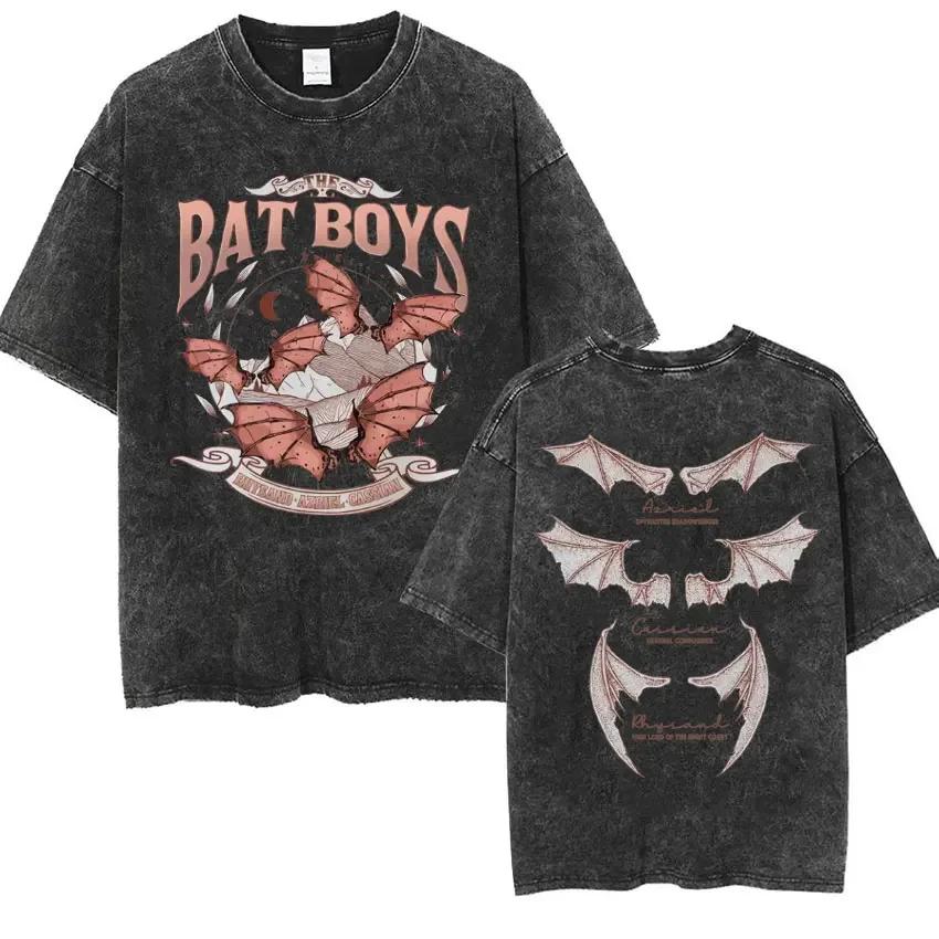 Bats Men and Women Night Court Retro Wash Vintage Loose T-shirt Fashion Trend Gothic Short-sleeve Street Clothing T Shirt
