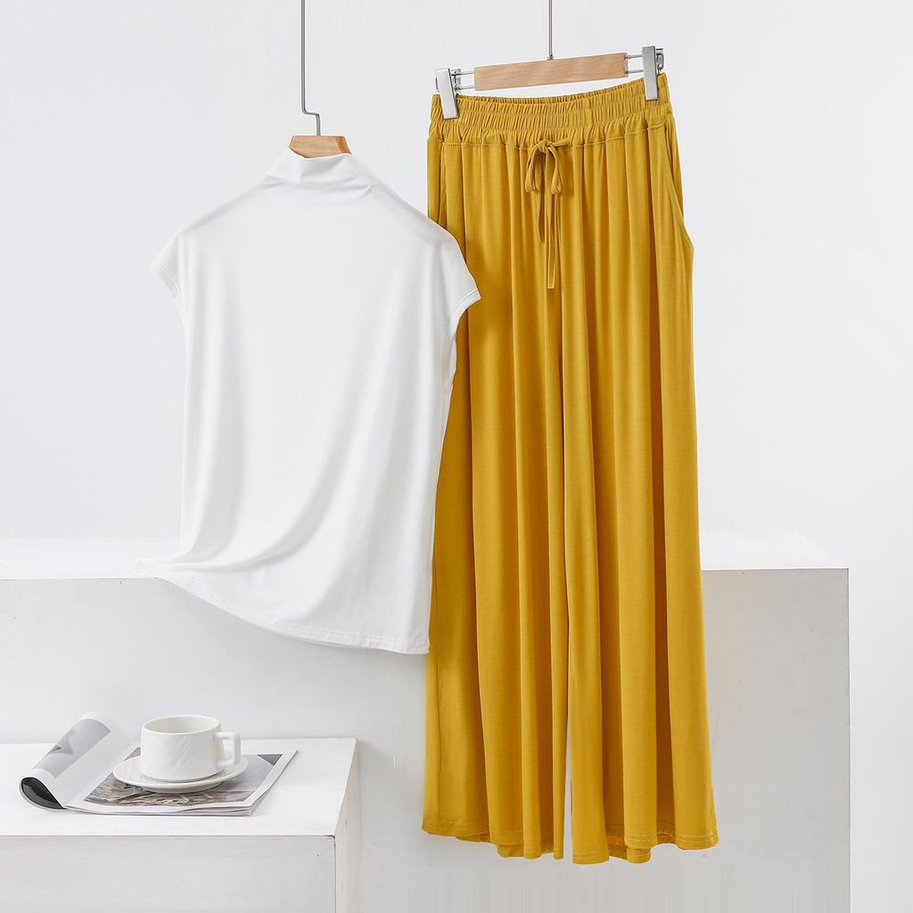Summer High-Neck Sleeveless Top & Color Block Wide-Leg Pants Two-Piece Set