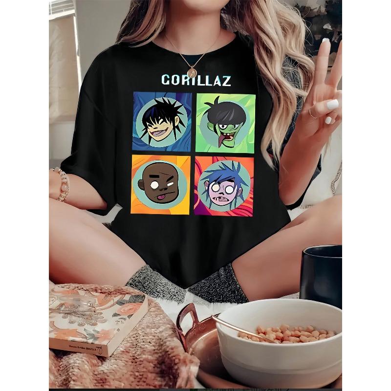 

Women s Gorillaz Band Graphic Print T-Shirt Casual Crew Neck Short Sleeve All-Season Top 4XL чорний