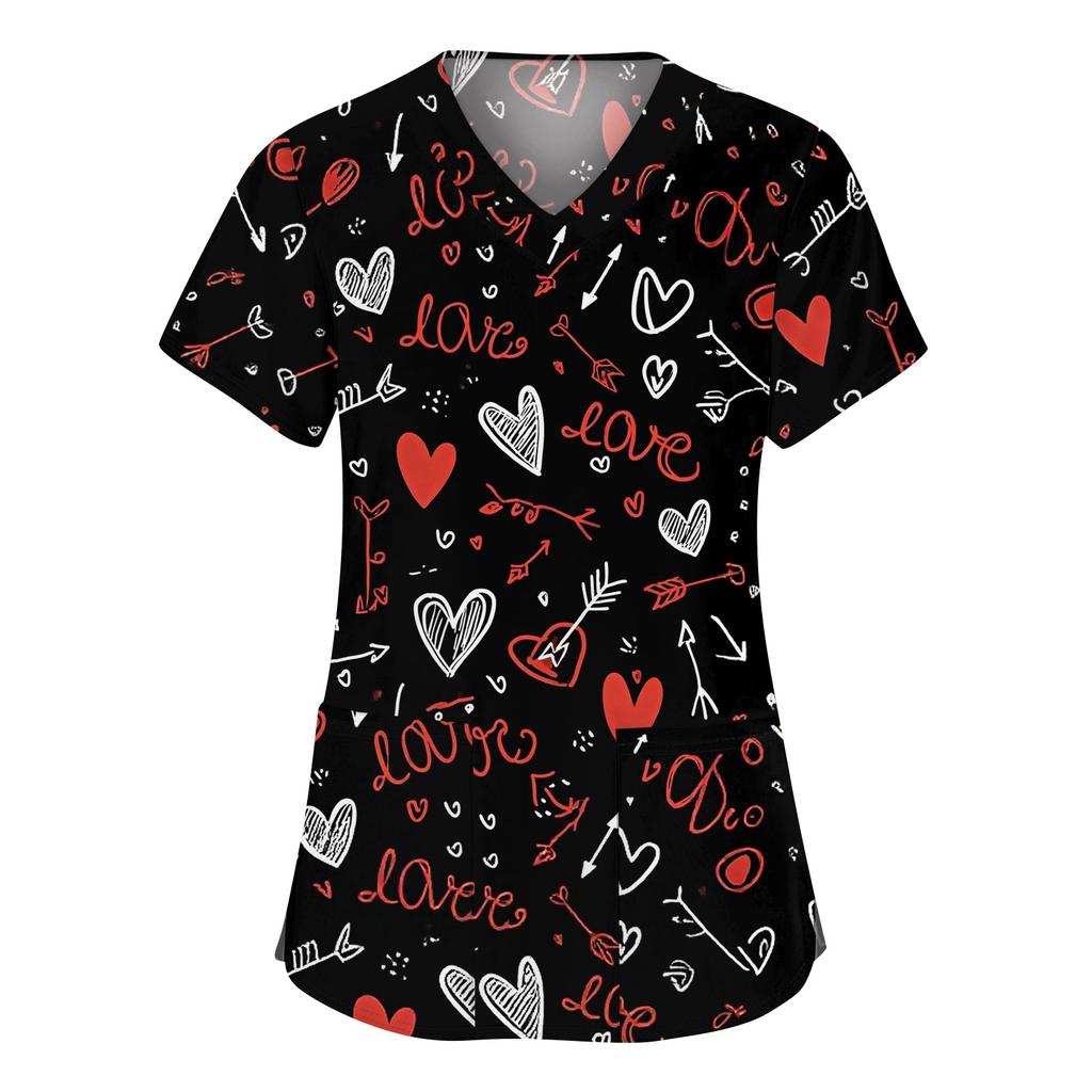 Modische Arbeitskleidung für Damen mit V-Ausschnitt, kurzen Ärmeln und bedruckten Taschen