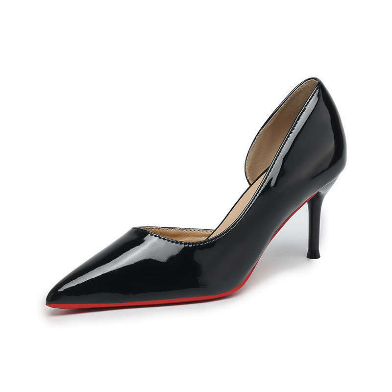 Stylish Black High Heels, Thin Heels, Side Empty Pointed Head, Shallow Mouth Dress, Simple and Versatile Patent Leather, Spring and Summer Red-soled