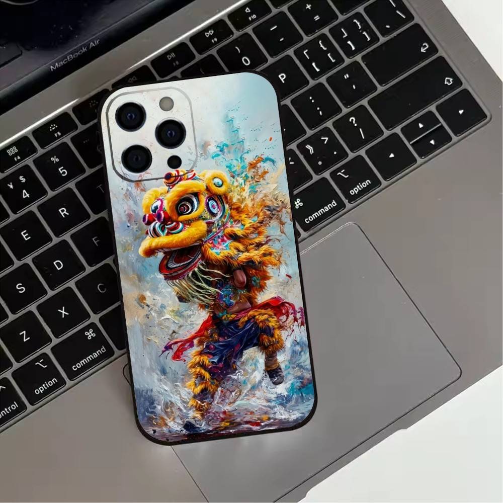 Chinese Lion Dance Phone Case For iPhone 17, 16,15,14,13,12,11 Plus,Pro Max, Others Soft Black Cover