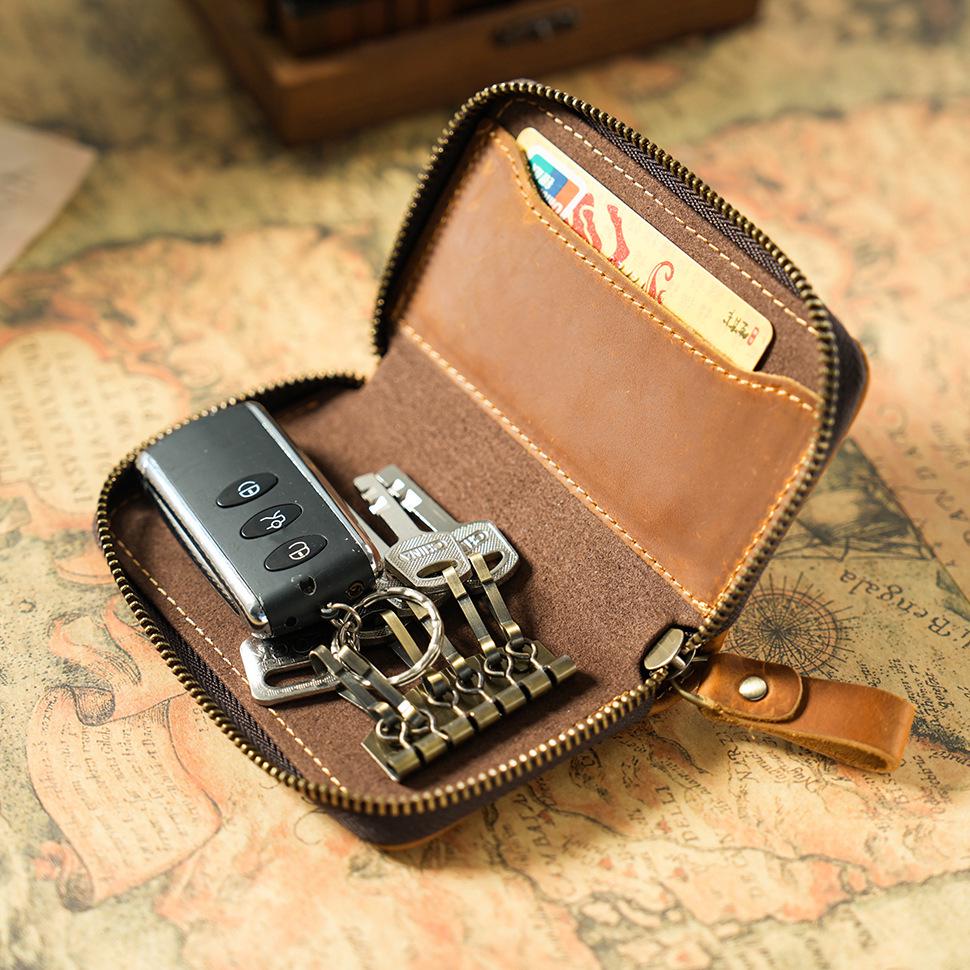 Crazy Horse Leather Car Key Holder - Top Layer Cowhide, Zipper Closure, Anti-Lost Hook, Convenient Design