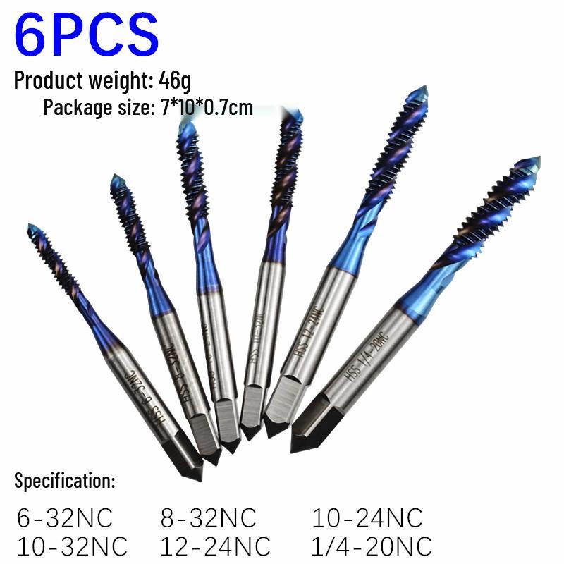US-Made 6-Piece Blue Coated High-Speed Steel Spiral Machine Tap Set