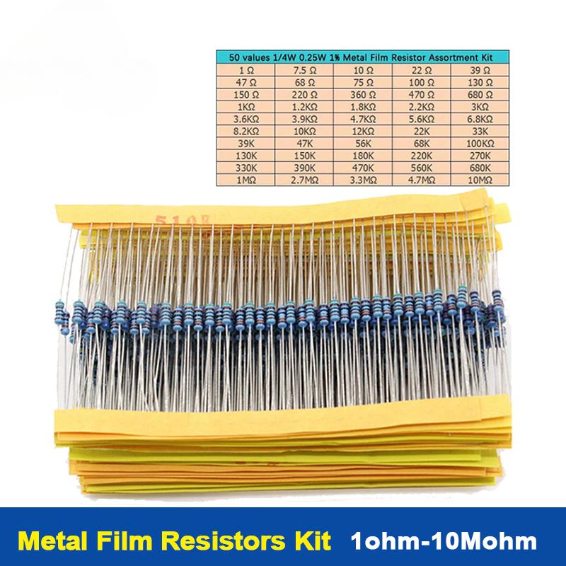 

500 шт. Високоточний металевий плівковий резистор 1/4 Вт Набір електронних комплектів 1% 50*10 шт. Набір резисторів 1 Ом ~ 10 М 500pcs No box
