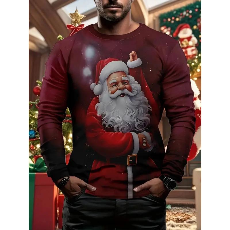 Spring and Autumn Round Neck 3D Printed Top Christmas Costume Fashionable Casual Long Sleeved Men's T-shirts