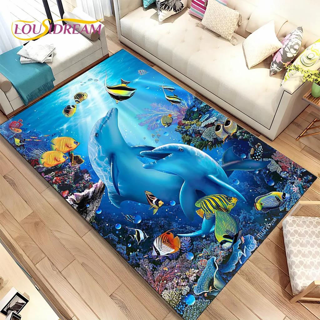 3D Seabed Underwater World Dolphin Turtle Area Rug,Carpet Rug for Living Room Bedroom Sofa Doormat,kids Play Non-slip Floor Mat