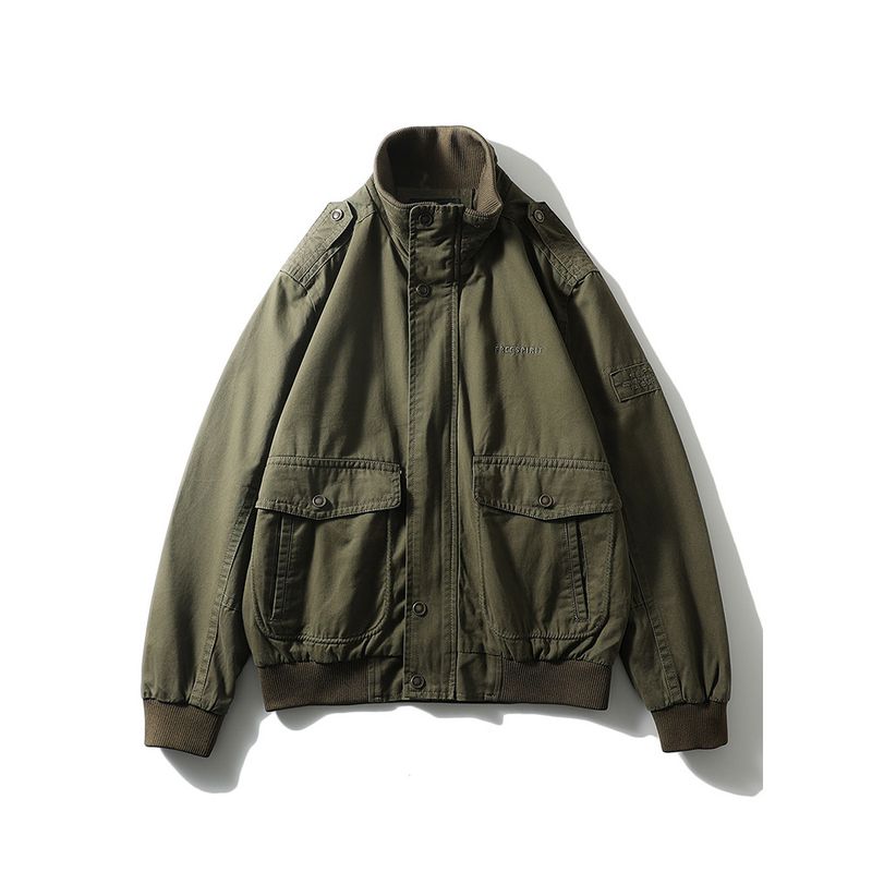 American vintage Casual Pure Cotton Cargo Jacket Men's Spring and Autumn Multi-pockets Stand Collar Foreign Trade Men's Tough Guy Wear