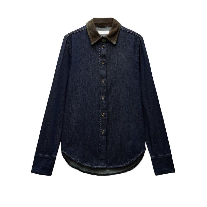 

Fall and Winter New Women s Clothing Fashion Casual Polo Collar Cotton Plaid Patchwork Long Sleeves Denim Shirt 6840271 Blue L