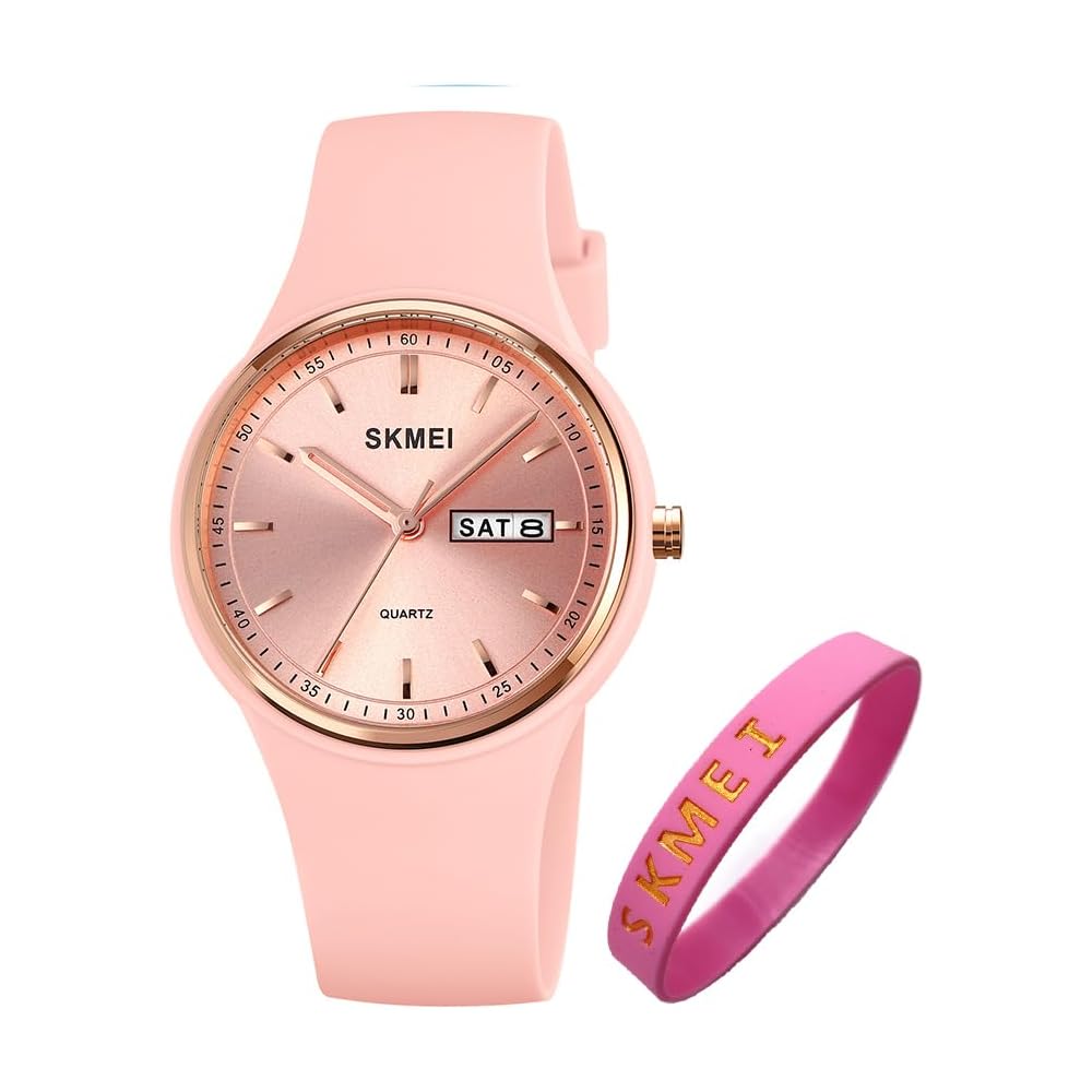 SKMEI Women s Silicone Waterproof Sports Watch Cute Simple Casual Design with Date and Day Display Pink