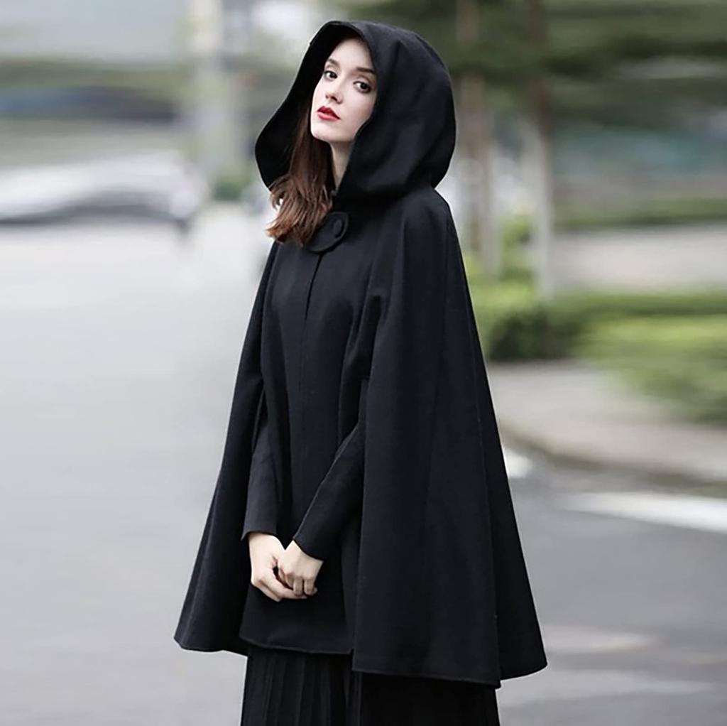 Gothic Open Front Hooded Cardigan Women Autumn Long Coat Solid Color Cloak Cape Winter Outdoor Jackets