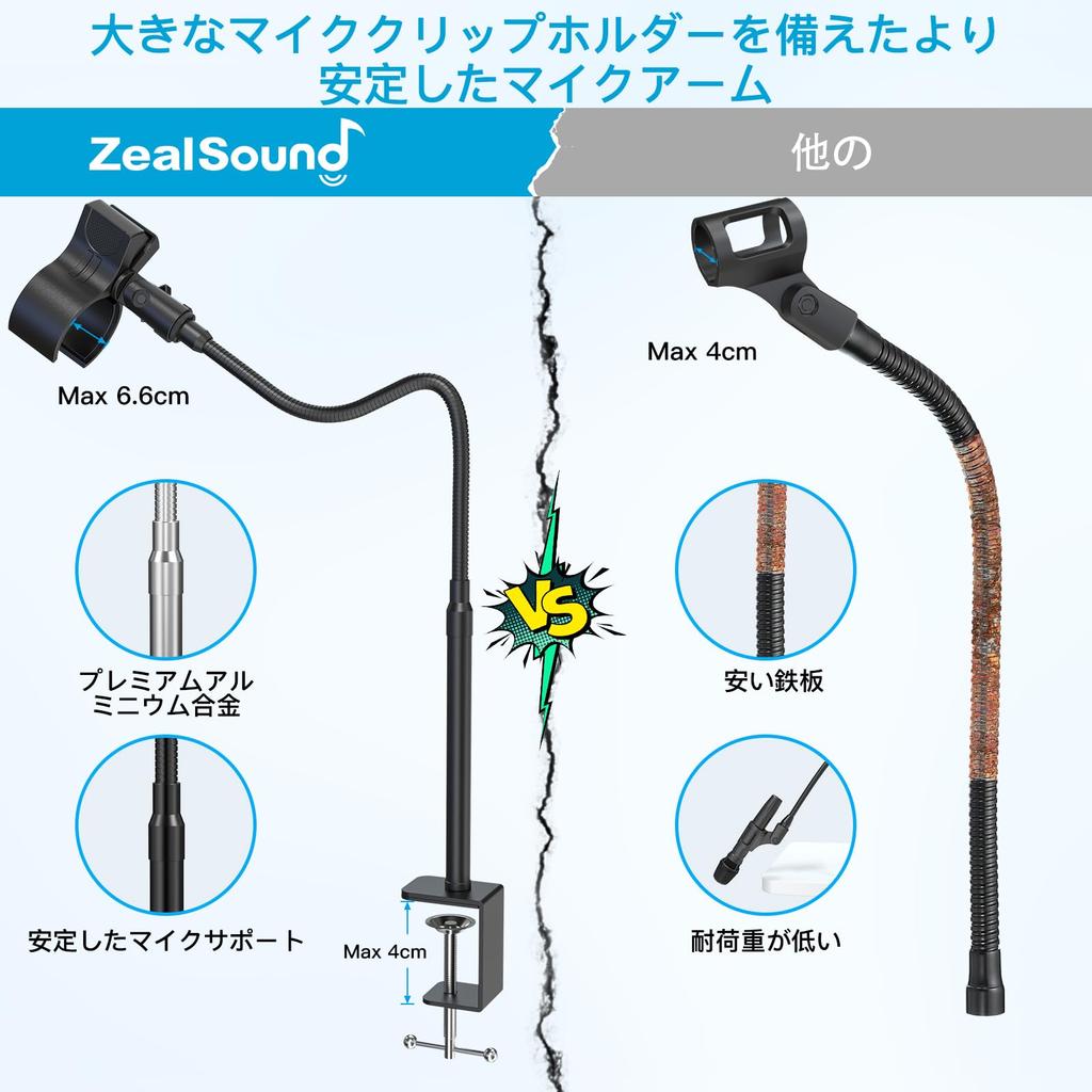 ZealSound 19"48cm Flexible Gooseneck Desktop Microphone Stand with Upgraded Mic Clip Holder for Microphones with Outer Diameters of 1.03"2.6cm and