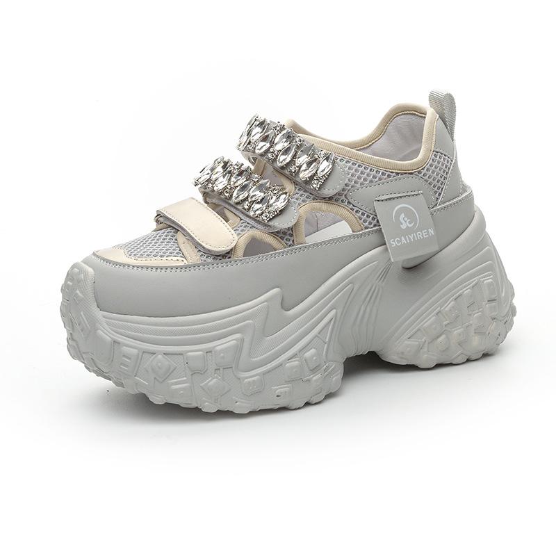 Daddy Shoes Girl 2025 New Summer Thick-soled Hollow Mesh Rhinestone Breathable Shoes Casual Fashion Versatile Women's Sandals