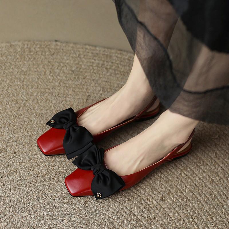 Bow Red Fashion Bag Head Sandals Women's 2025 New Square Head Temperament Low Heel Single Shoes Niche Flat Shoes