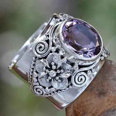 Huajie Retro Luxury Purple Zircon Ring with Thai Silver Flower Design