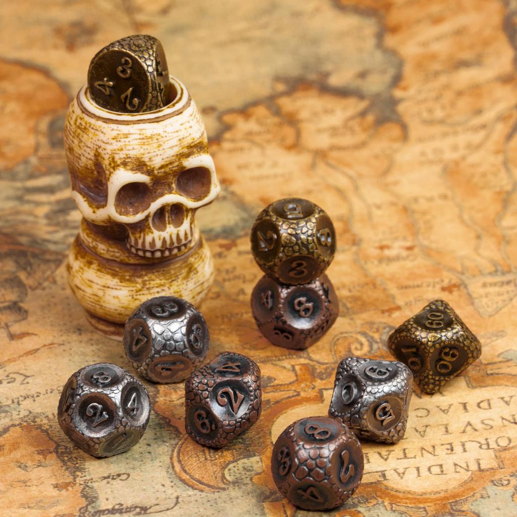 Cusdie Metal Solid DND Dices Pebbles Texture 7Pcs D4-D20 Polyhedral Dice Set for Role Playing Game Pathfinder Board Games TRPG