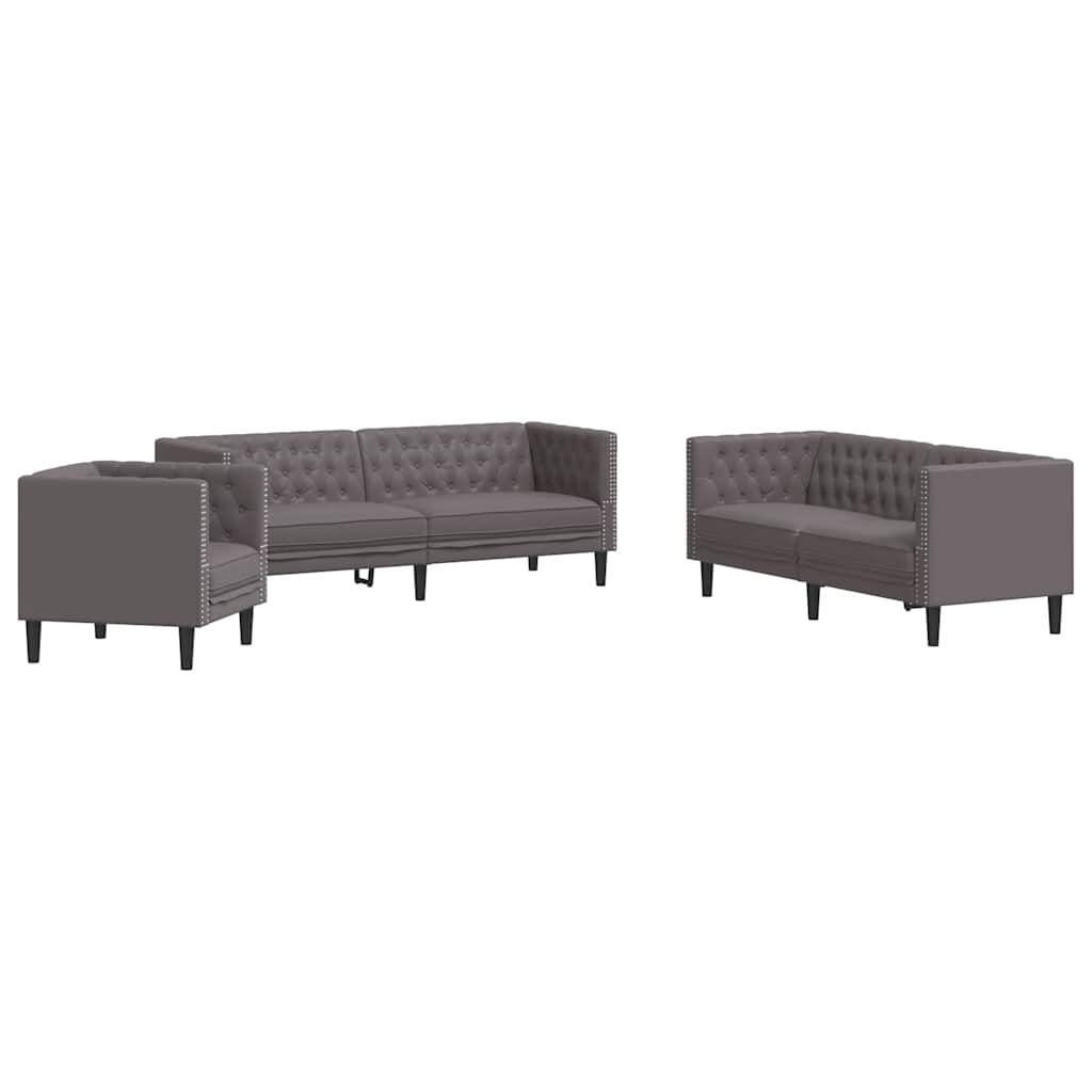 3 Piece Chesterfield Sofa Set Grey Faux Leather