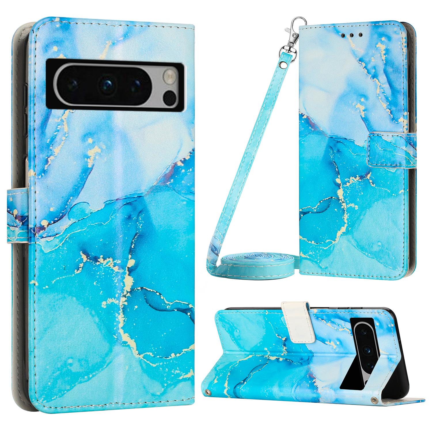 

For Google Pixel 8 Pro PU Leather Marble Pattern Flip Case Wallet Stand Phone Cover with Shoulder Strap Blue/Green