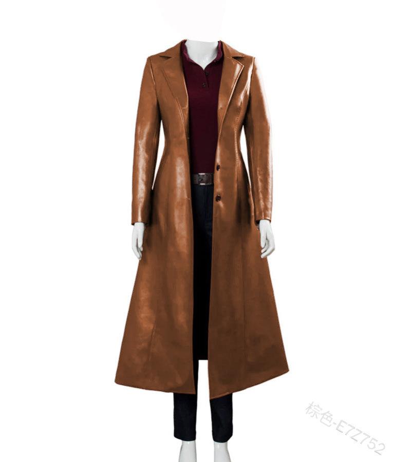 European and American women's leather jacket medium and long coat slim and thin large size leather trench coat