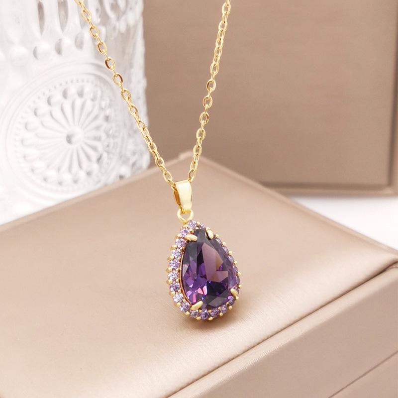 Luxurious Sparkling Purple Color Inlaid Zircon Water Drop Pendant Necklace, Ladies' Elegant Fashion Accessories Jewelry