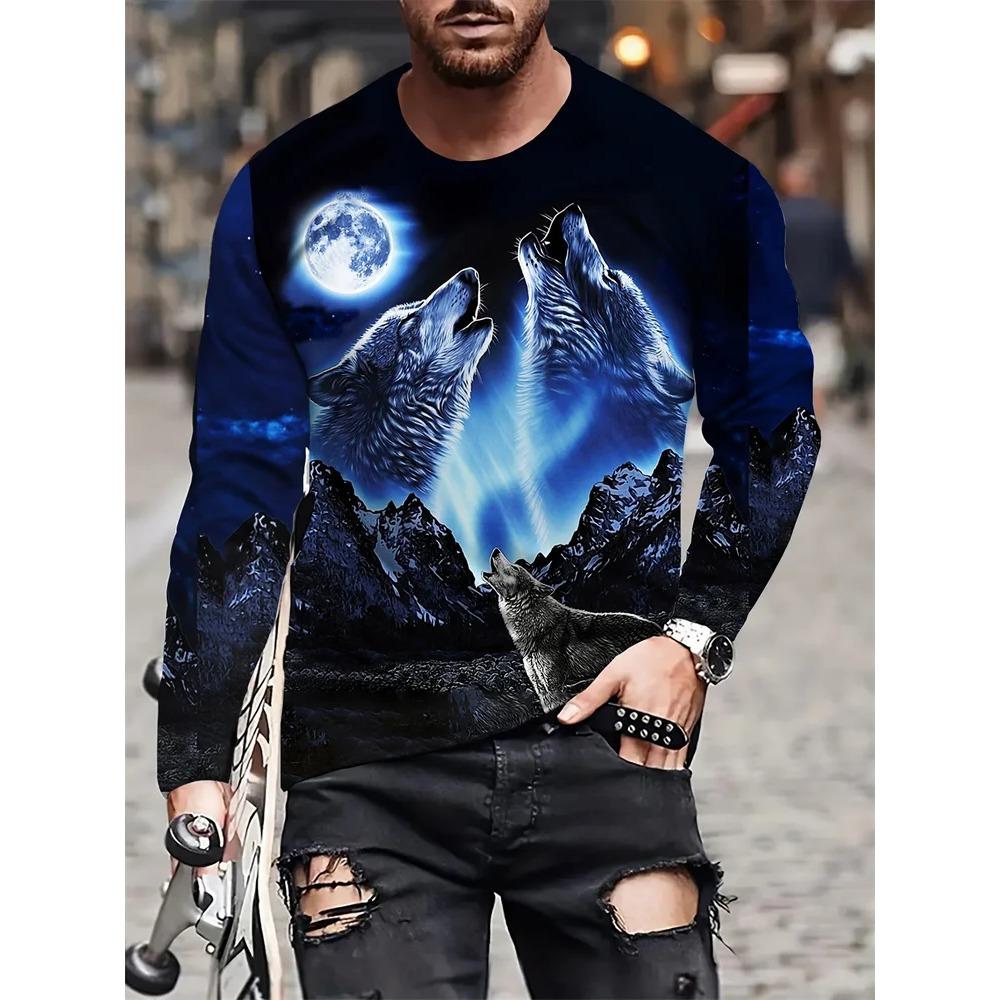 Camiseta Masculina de Outono de Manga Comprida com Gola Careca Estampa 3D de Lobo Camiseta de Manga Comprida Moda Masculina de Rua para Exterior