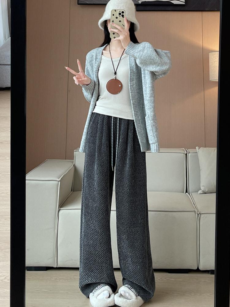 

Вовняні штани широкого крою в косу смужку для жінок на осінь і зиму, з плюшевими та ледачими повсякденними штанами для підлоги S чорний