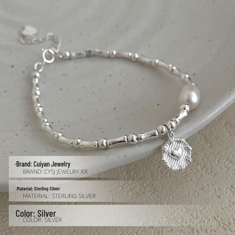 S925 Sterling Silver Korean Bamboo Pearl Heart Bracelet - Women's Niche Cold Style Trendy Jewelry
