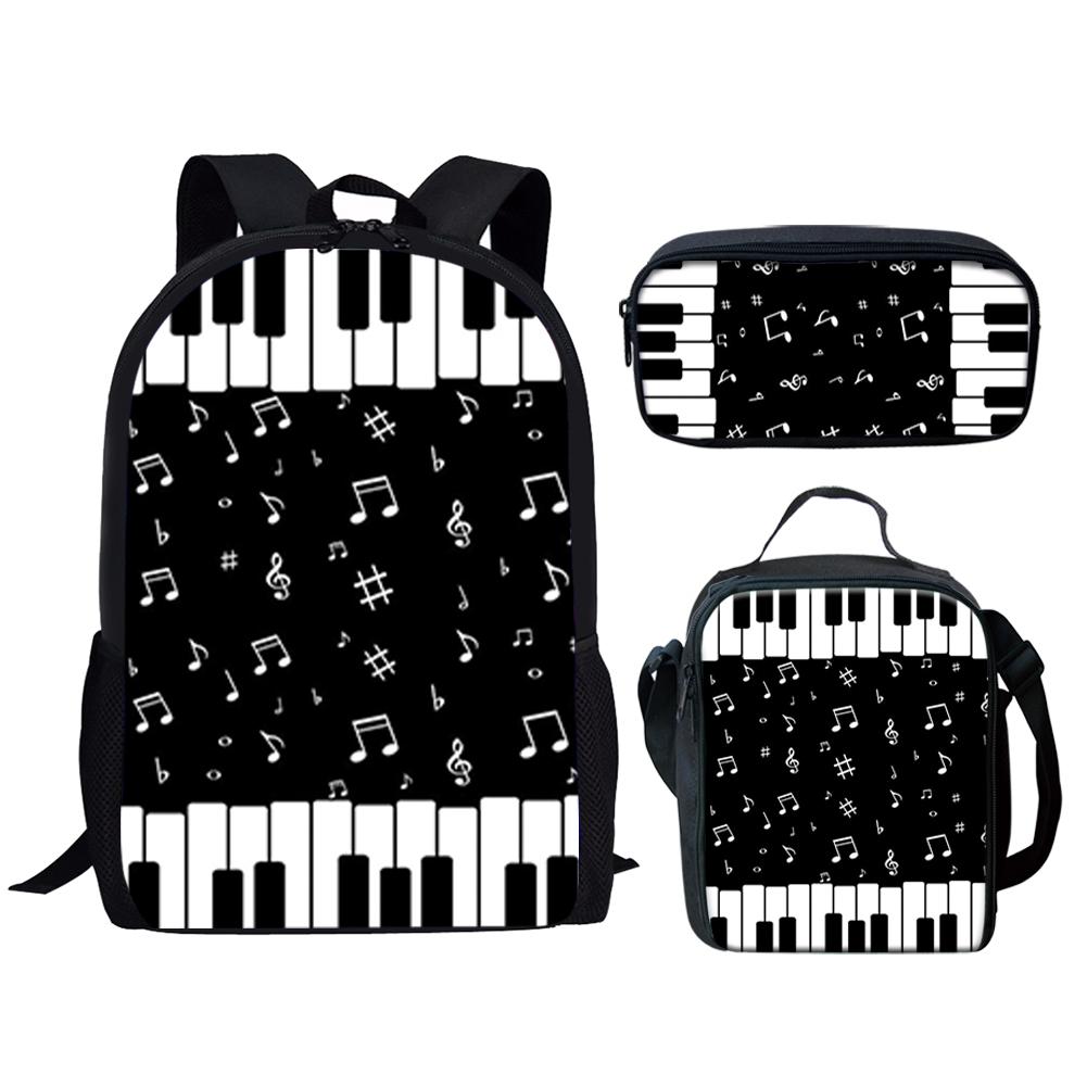 Klassiek Populair Piano Toetsenbord Muzieknoten 3D Print 3 stuks/Set leerling Schooltassen Laptop Dagrugzak Rugzak Lunchtas Etui