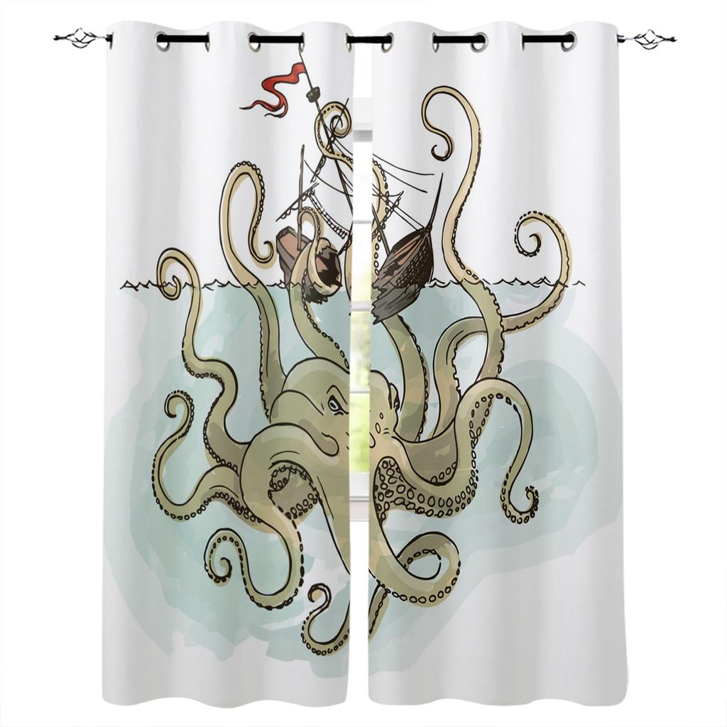 Nautical Theme Octopus Sea Monster Blackout Curtains For Living Room Bedroom Window Treatment Blinds Drapes Kitchen Curtains
